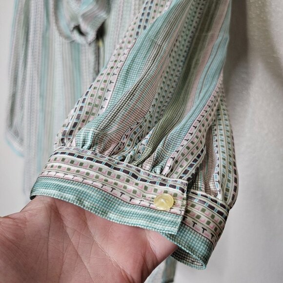 Vintage TJW By Mervyns Striped Button Up Blouse Balloon Sleeve Built in Scarf - Picture 2 of 8